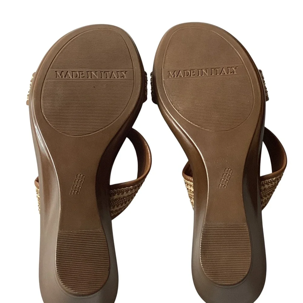 Toscanella Italian Brown Leather Wedge Sandals Gold Woven Slides Size 8 Italy